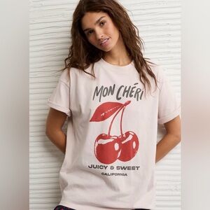 American Eagle Oversize Blush Graphic 'Mon Chéri' Tee Red Cherry Print Size L/XL